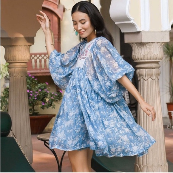 Daughters of India Jaya Cotton Juniper Floral Mini Dress Size Medium Oversized - Picture 1 of 13